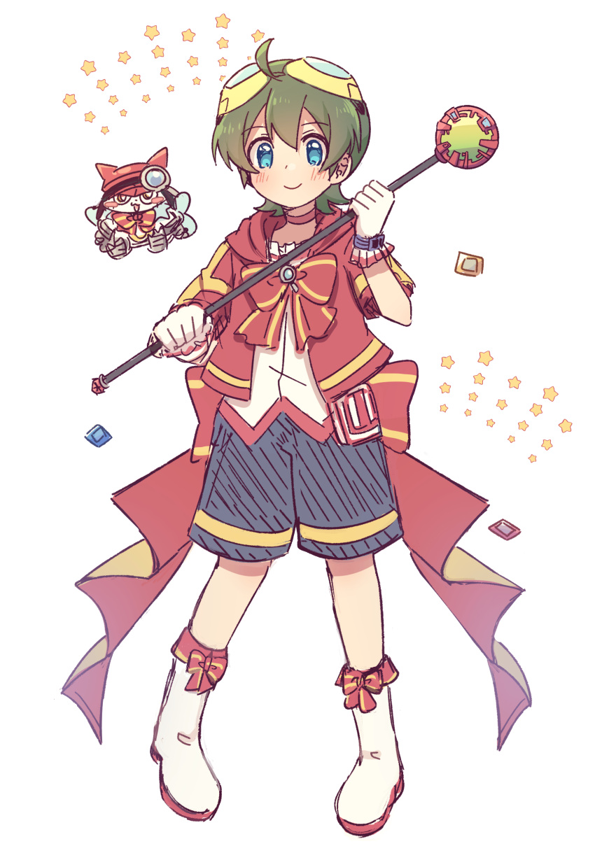 1boy, absurdres, ahoge, appmon, appmon_chip, back_bow, blue_eyes, boots