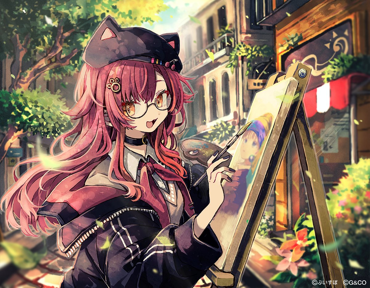 1girl, :d, animal_hat, azzz_(7334080), beret, black_choker, black_hat, black_jacket