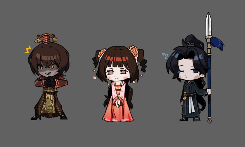 1boy, 2girls, ^^^, black_hair, braid, brown_eyes, brown_hair, chinese_clothes