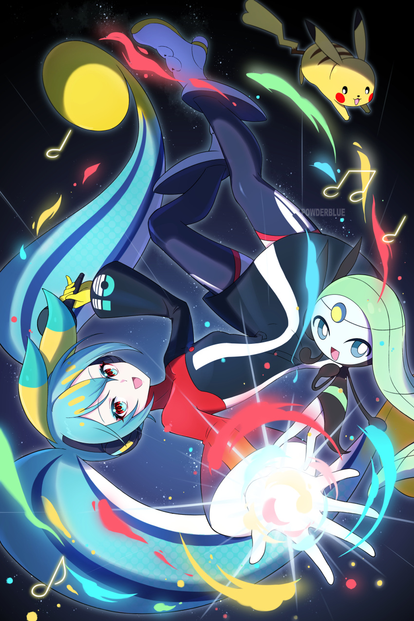 2girls, absurdres, aqua_eyes, aqua_hair, black_dress, black_thighhighs, blonde_hair, blue_thighhighs, blush, commentary_request, dress, full_body, gradient_hair, green_hair, hair_between_eyes, hair_ornament, hatsune_miku, headset, highres, long_hair, meloetta, meloetta_(aria), miku_day, multicolored_eyes, multicolored_hair, multiple_girls, open_mouth, pikachu, pikachu_tail_(female), poke_ball_theme, pokemon, pokemon_(creature), powderblue_lan, project_voltage, red_eyes, smile, thigh-highs, twintails, very_long_hair, vocaloid
