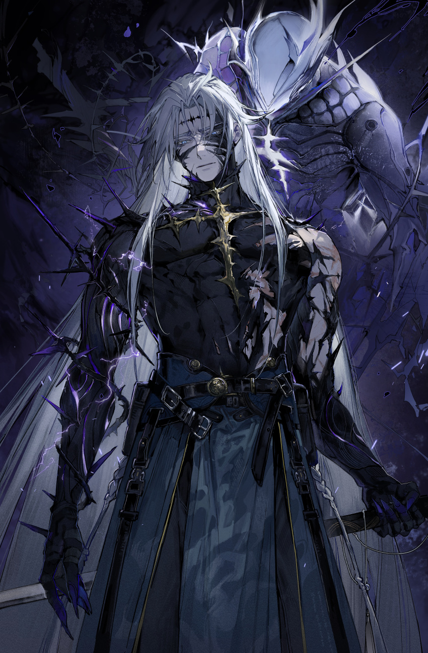 1boy, 1other, absurdres, barbed_wire, belt, black_belt, black_pants, black_shirt