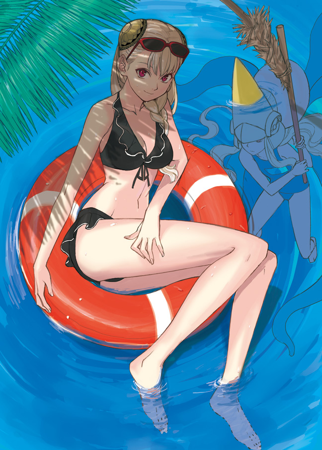 barefoot, bikini, breasts, capcom, capcom_fighting_evolution, capcom_fighting_jam, cleavage, feet, feet_in_water, front-tie_top, genderswap, hair_ornament, hairpods, hands, ingrid, innertube, kimuchi, long_hair, midnight_bliss, multiple_girls, nool, ocean, one-piece_swimsuit, palm_tree, red_eyes, school_swimsuit, shade, shell, sitting, smile, soaking_feet, sunglasses, sunglasses_on_head, swimsuit, tentacle, tentacles, tree, warzard, water