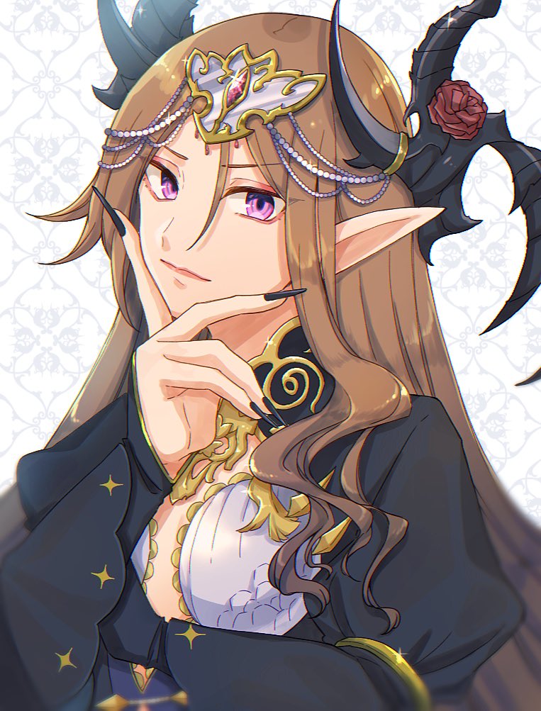 1girl, black_horns, black_nails, breasts, brown_hair, closed_mouth, fairy_carabosse_(grimms_notes), fingernails