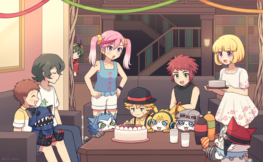 2girls, 5boys, ahoge, animal_ears, appmon, asuka_torajirou, basement, birthday_cake