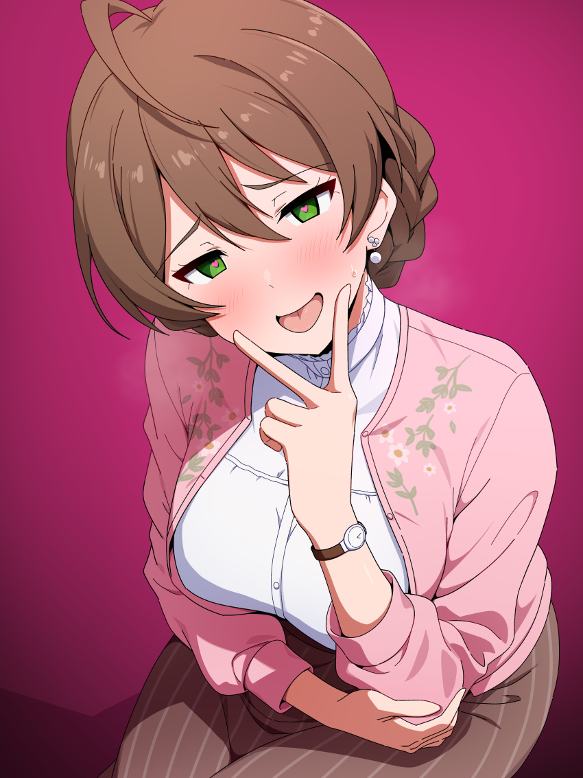 1girl, :d, absurdres, ahoge, blush, braid, breasts, brown_hair
