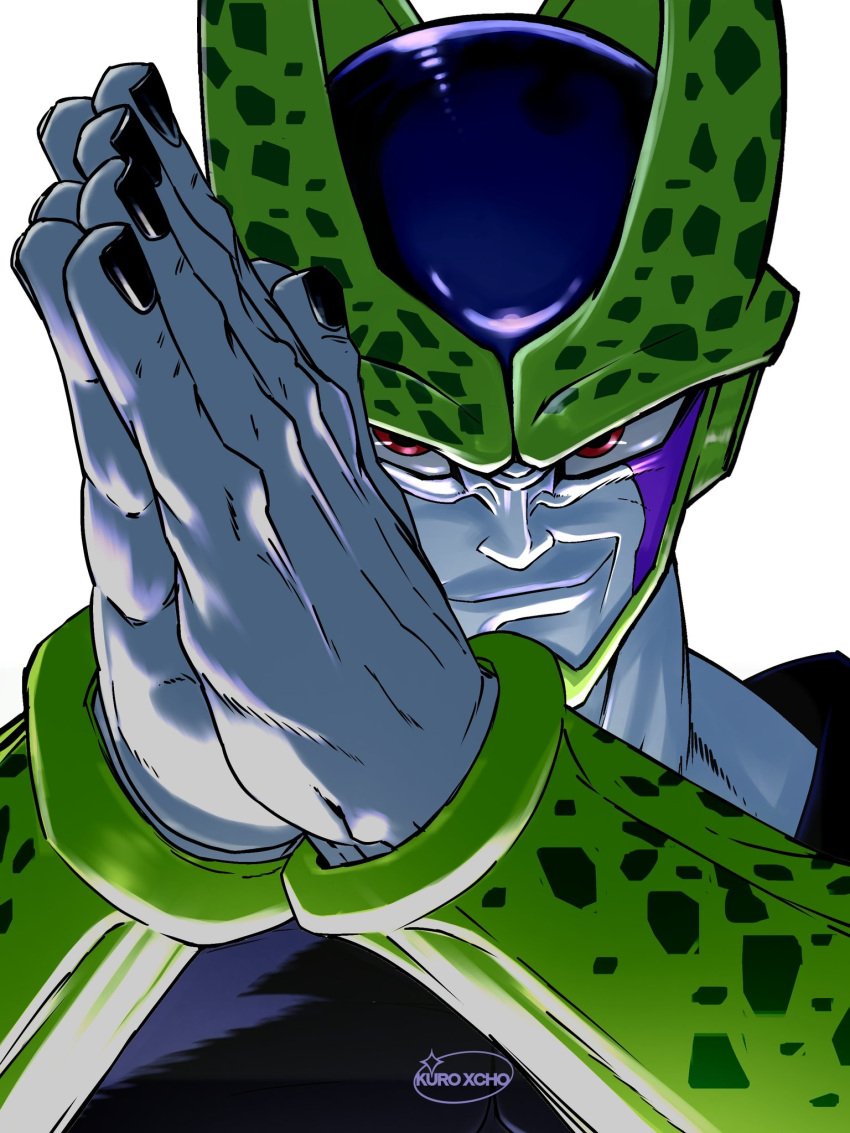 1boy, artist_name, cell_(dragon_ball), colored_skin, commentary, dragon_ball, dragon_ball_z, evil_grin