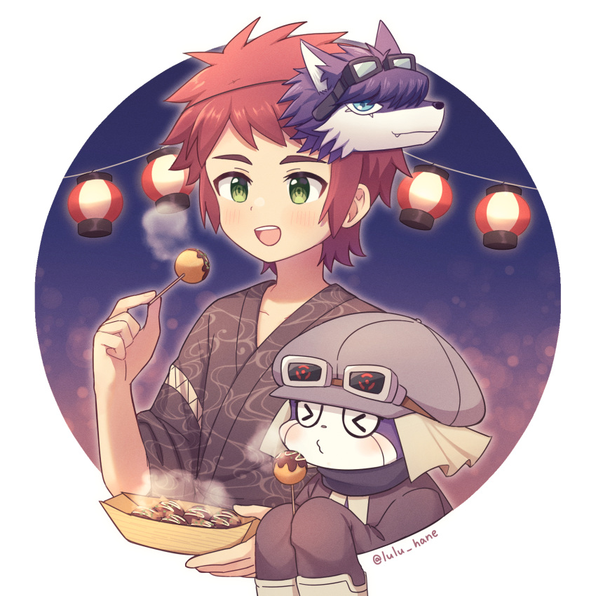 1boy, appmon, blowing_on_food, blue_skin, blush, colored_skin, commentary_request, digimon