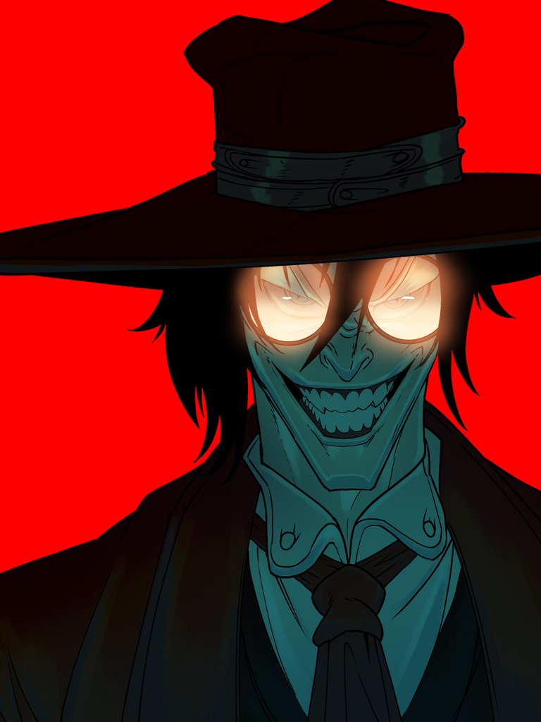 evil_grin, evil_smile, glasses, grin, hat, hellsing, kuroxcho, necktie, portrait, red_background, reflective_eyewear, smile, solo, teeth, vampire, wide_brim