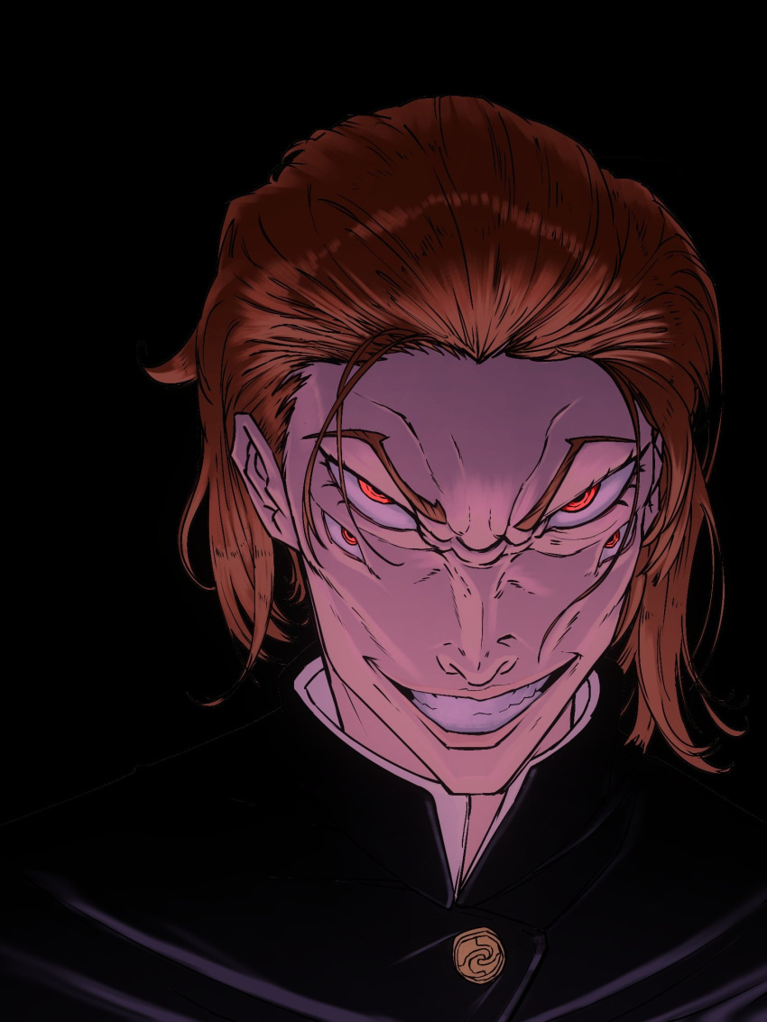 1girl, black_background, evil_grin, evil_smile, extra_eyes, grin, highres, jujutsu_kaisen