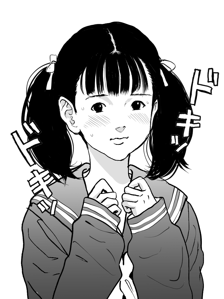 1girl, black_hair, blush, commentary_request, gantz, greyscale, hands_up, kojima_tae