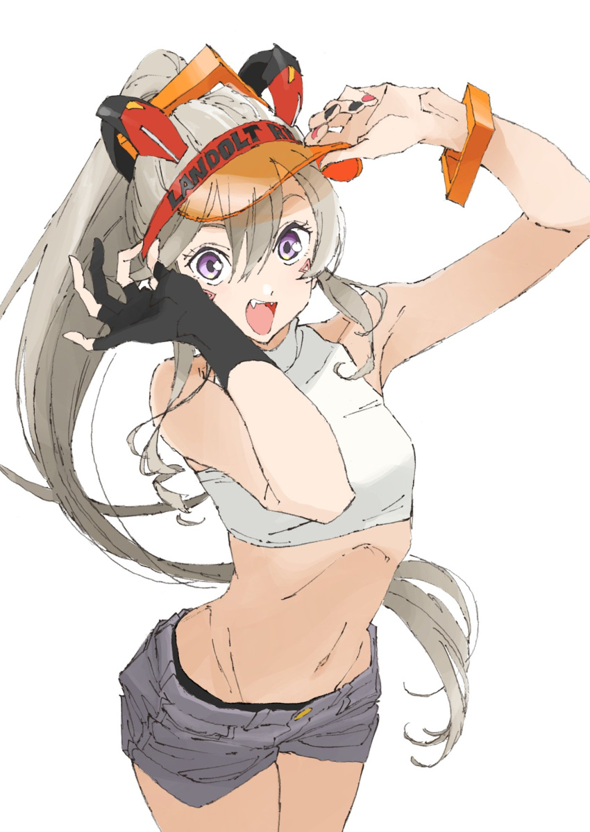 1girl, arched_back, armpits, arms_up, bare_shoulders, black_gloves, cowboy_shot, crop_top