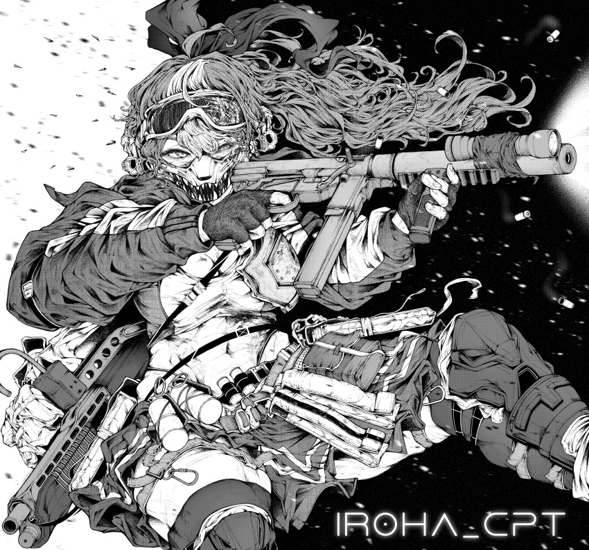 absurdres, borrowed_character, explosive, flashlight, floating_hair, grenade, gun, high_ponytail