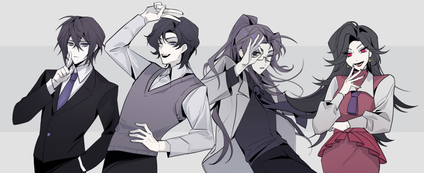 16personalities, 2boys, 2girls, absurdres, architect_(16personalities), arm_up, black_eyes, black_hair