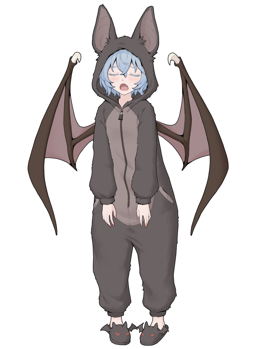 1girl, absurdres, alternate_costume, animal-themed_footwear, bat_costume, bat_hood, bat_wings, blue_hair