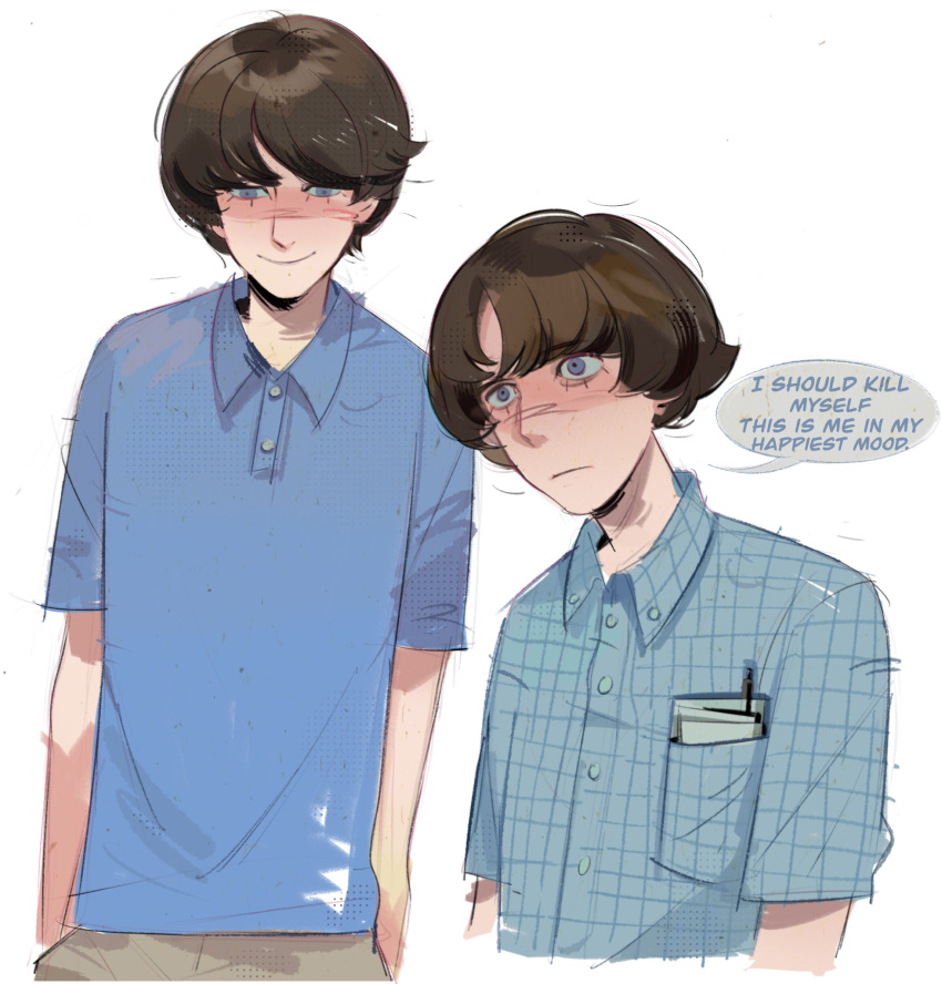 2boys, adam_lanza, aged_down, animification, arms_at_sides, bare_arms, blue_eyes, blue_shirt