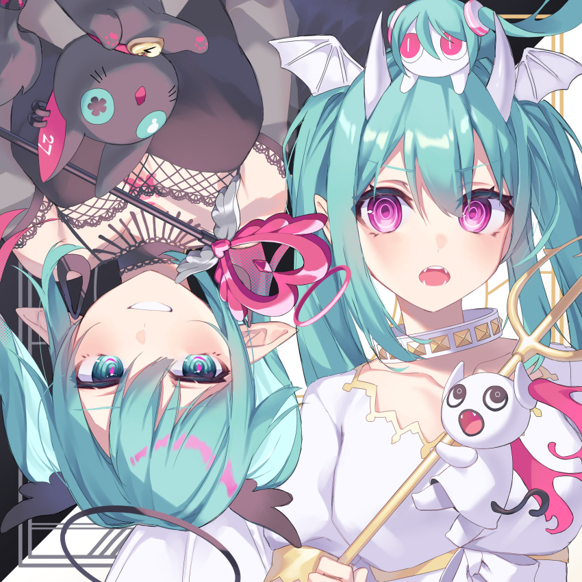 2girls, absurdres, aimaina, angel_and_devil, angel_wings, aqua_hair, black_choker, black_shirt