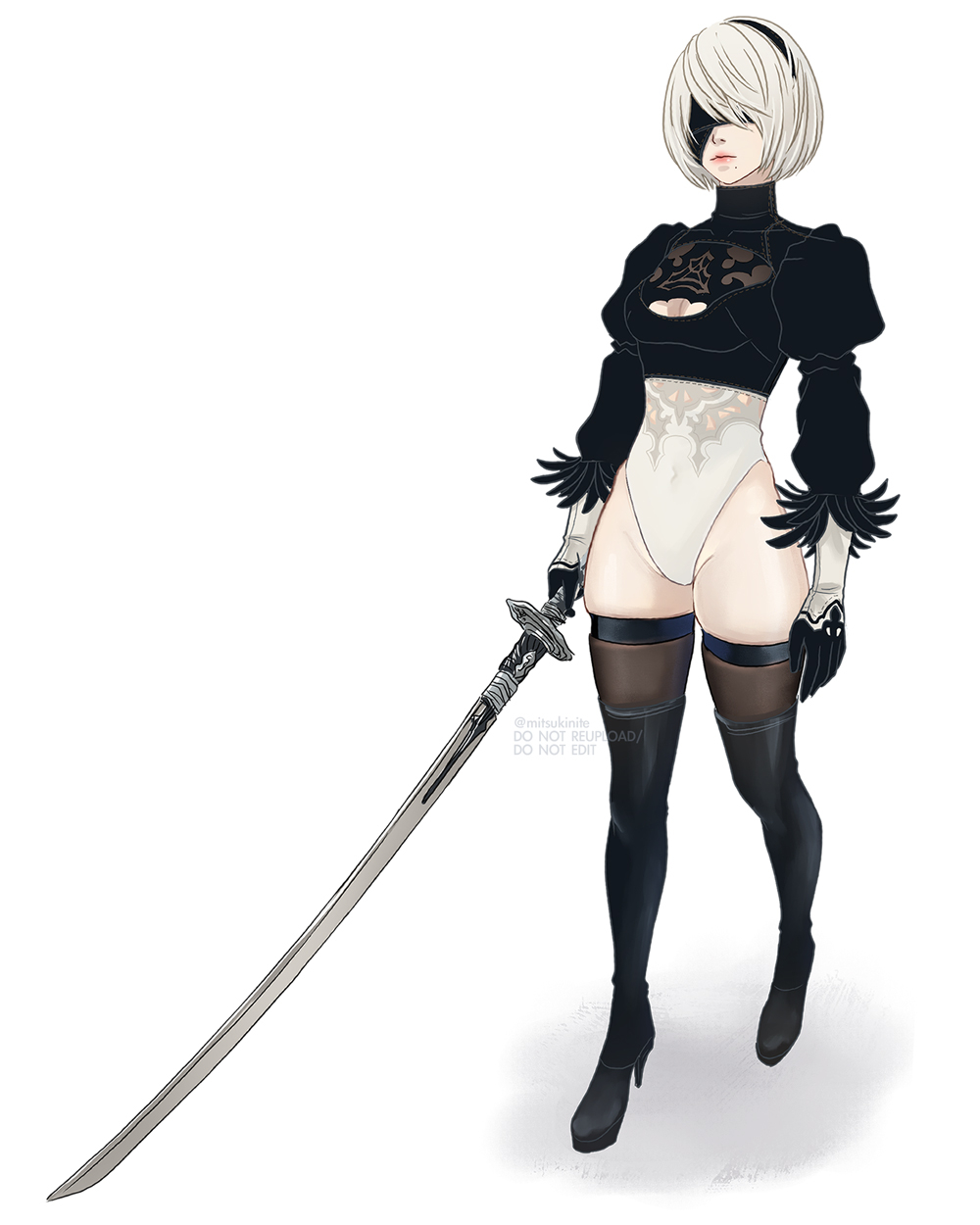 1girl, 2b_(nier:automata), artist_name, black_boots, black_hairband, black_thighhighs, blindfold, boots