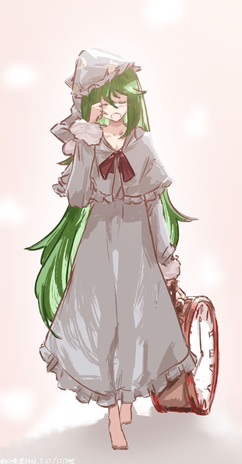 1girl, absurdres, alarm_clock, analog_clock, artist_name, barefoot, capelet, clock