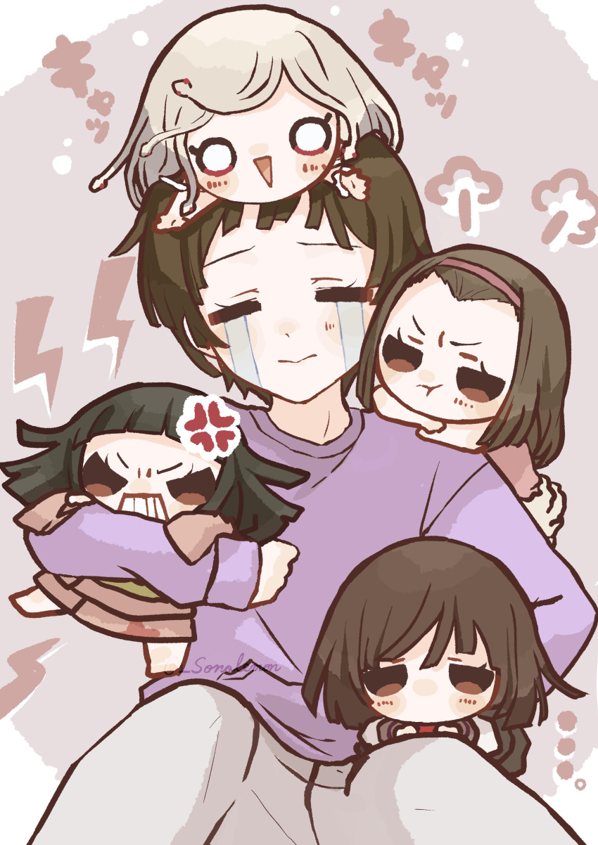 5girls, =_=, absurdres, anger_vein, angry, bakemonogatari, blush, brown_eyes, brown_hair, chibi, chibi_on_head, chibi_on_shoulder, commentary_request, crying, current_nadeko, expressionless, flirty_nadeko, god_nadeko, hairband, happy, highres, holding_chibi, izu_lemon, japanese_clothes, kimono, lightning_bolt_symbol, looking_at_viewer, meek_nadeko, monogatari_(series), multiple_expressions, multiple_girls, multiple_persona, nademonogatari, nanahyakuichi_middle_school_uniform, nisemonogatari, on_head, otorimonogatari, pants, pink_background, pout, purple_sweater, school_uniform, sengoku_nadeko, short_bangs, short_hair, snake_hair, streaming_tears, sweater, sweatpants, tears, triangle_mouth, two-tone_background, white_background, wrath_nadeko