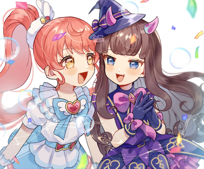 2girls, :d, belt, blue_eyes, blue_gloves, blue_hat, blue_ribbon, brown_hair