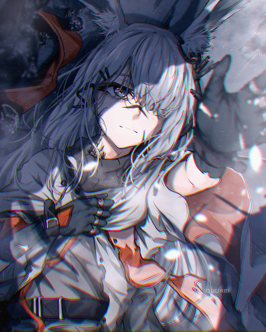 1girl, absurdres, animal_ear_fluff, animal_ears, arknights, artist_name, belt, black_belt, black_gloves, chromatic_aberration, closed_mouth, commentary, frostnova_(arknights), gloves, grey_eyes, grey_hair, grey_jacket, guurei, hair_over_one_eye, hand_on_own_chest, heavy_chromatic_aberration, highres, jacket, jewelry, light_particles, long_hair, looking_up, lying, material_growth, multiple_rings, on_back, one_eye_covered, oripathy_lesion_(arknights), outstretched_arm, outstretched_hand, ring, scar, scar_on_face, scar_on_nose, solo, upper_body, watermark