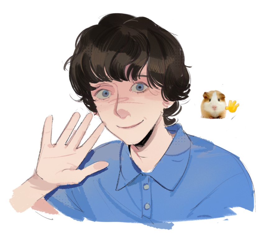 1boy, adam_lanza, aged_down, animal, animification, bare_arms, blue_eyes, blue_shirt