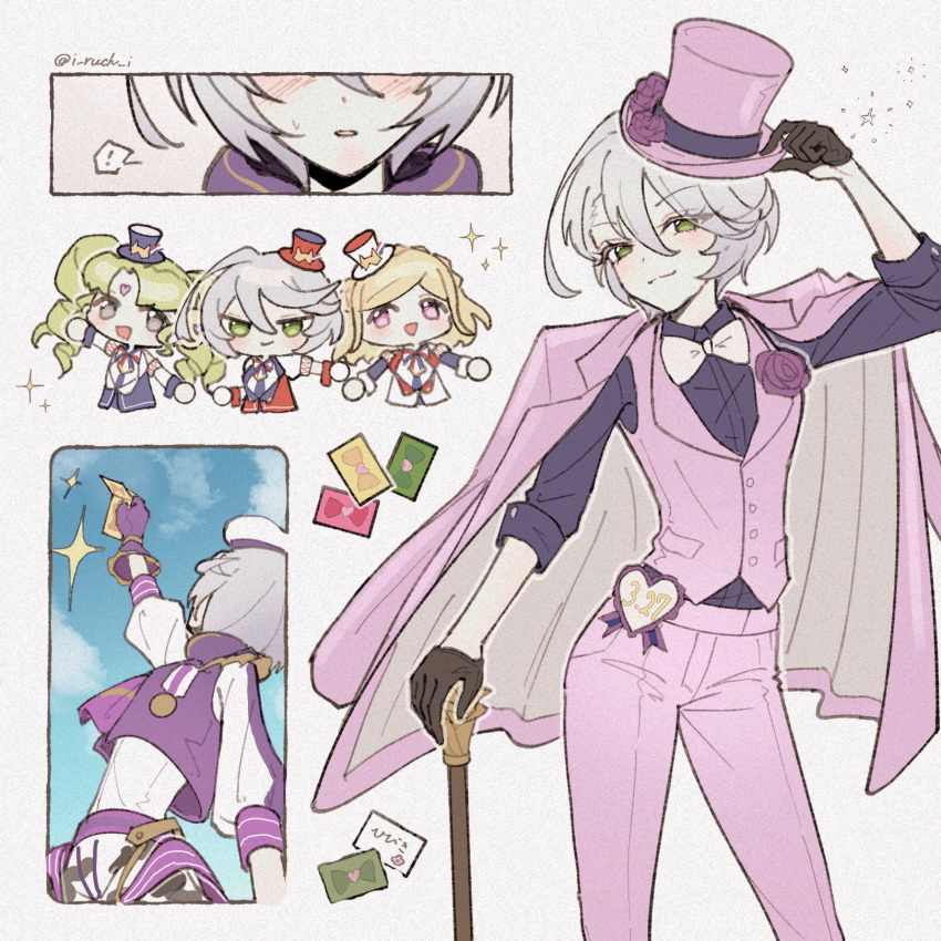 3girls, arm_up, black_gloves, cane, chibi, closed_mouth, commentary_request, falulu
