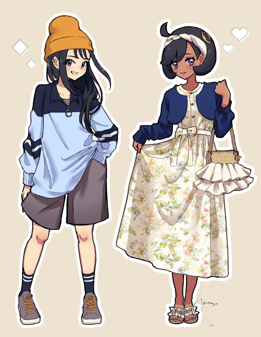 1girl, 2girls, alternate_costume, beanie, black_hair, blue_jacket, blue_socks, blush