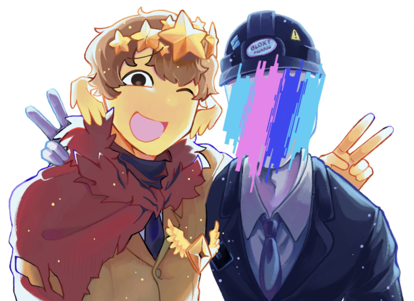 2boys, blue_necktie, brown_hair, brown_jacket, builderman_(roblox), cape, collared_shirt, crown