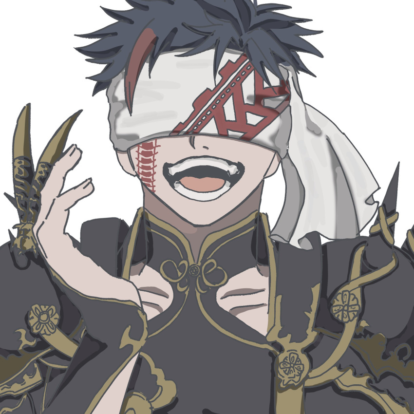 1boy, armor, bare_shoulders, black_hair, blindfold, bodysuit, centipede_tattoo, chinese_clothes, chinese_knot, claw_(weapon), clothing_cutout, commentary_request, earrings, facial_tattoo, highres, jewelry, mandarin_collar, multicolored_hair, open_mouth, pauldrons, qin_shi_huang_(shuumatsu_no_valkyrie), red_hair, red_tattoo, short_hair, shoulder_armor, shu_mai4, shuumatsu_no_valkyrie, simple_background, single_earring, sleeveless, sleeveless_bodysuit, sleeveless_turtleneck, smile, spiky_hair, tassel, tassel_earrings, tattoo, teeth, turtleneck, turtleneck_bodysuit, two-tone_hair, weapon, white_background
