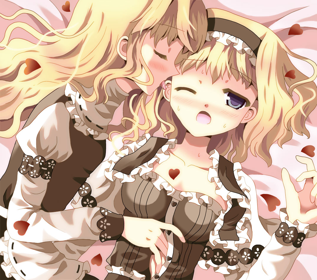 alice_margatroid, black_dress, blonde_hair, blue_eyes, blush, closed_eyes, dress, ear_licking