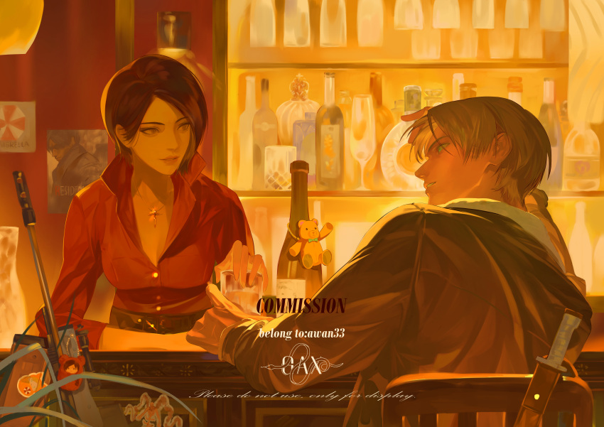 1boy, 1girl, absurdres, ada_wong, alcohol, animal_charm, arm_rest, artist_name