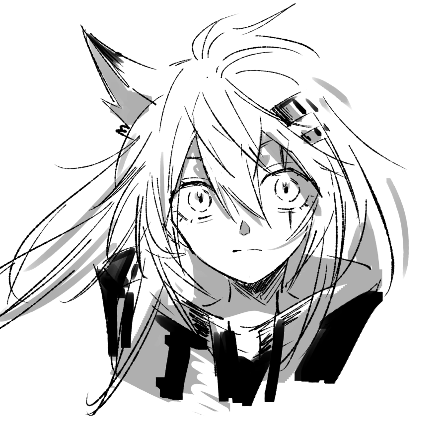 1girl, animal_ears, arknights, closed_mouth, commentary_request, constricted_pupils, greyscale, hair_between_eyes