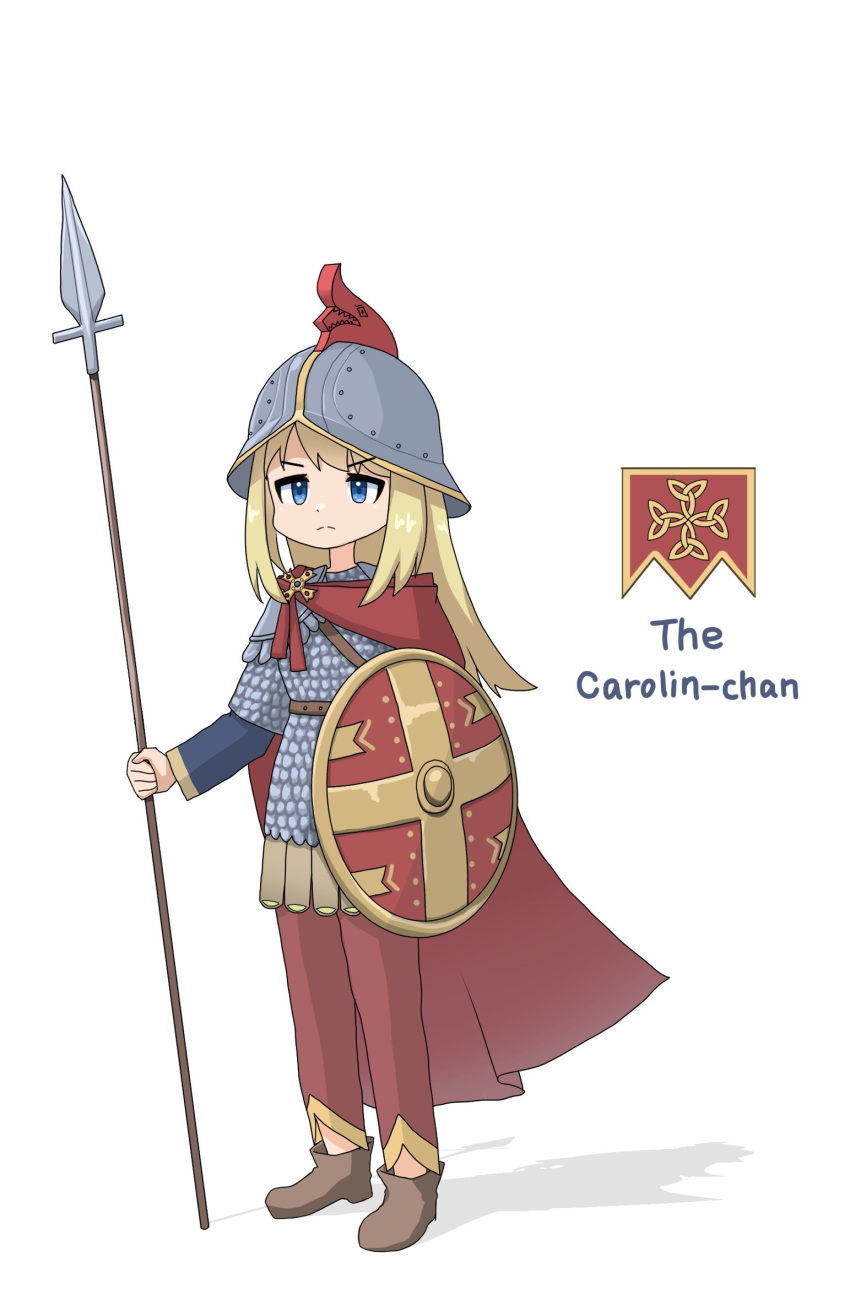 1girl, armor, blonde_hair, blue_eyes, blue_sleeves, boots, brooch, cape