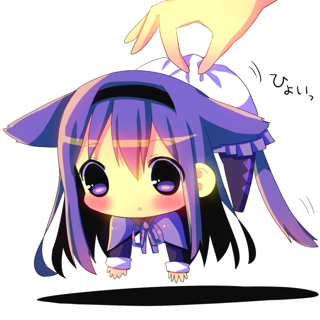 akemi_homura, animal_ears, blush, cat_ears, cat_tail, chibi, chocolat_(momoiro_piano), dress, grabbing, hairband, hina_hina, kemonomimi_mode, mahou_shoujo_madoka_magica, minigirl, pantyhose, purple_dress, purple_eyes, purple_hair, solo, tail, translated, translation_request, violet_eyes
