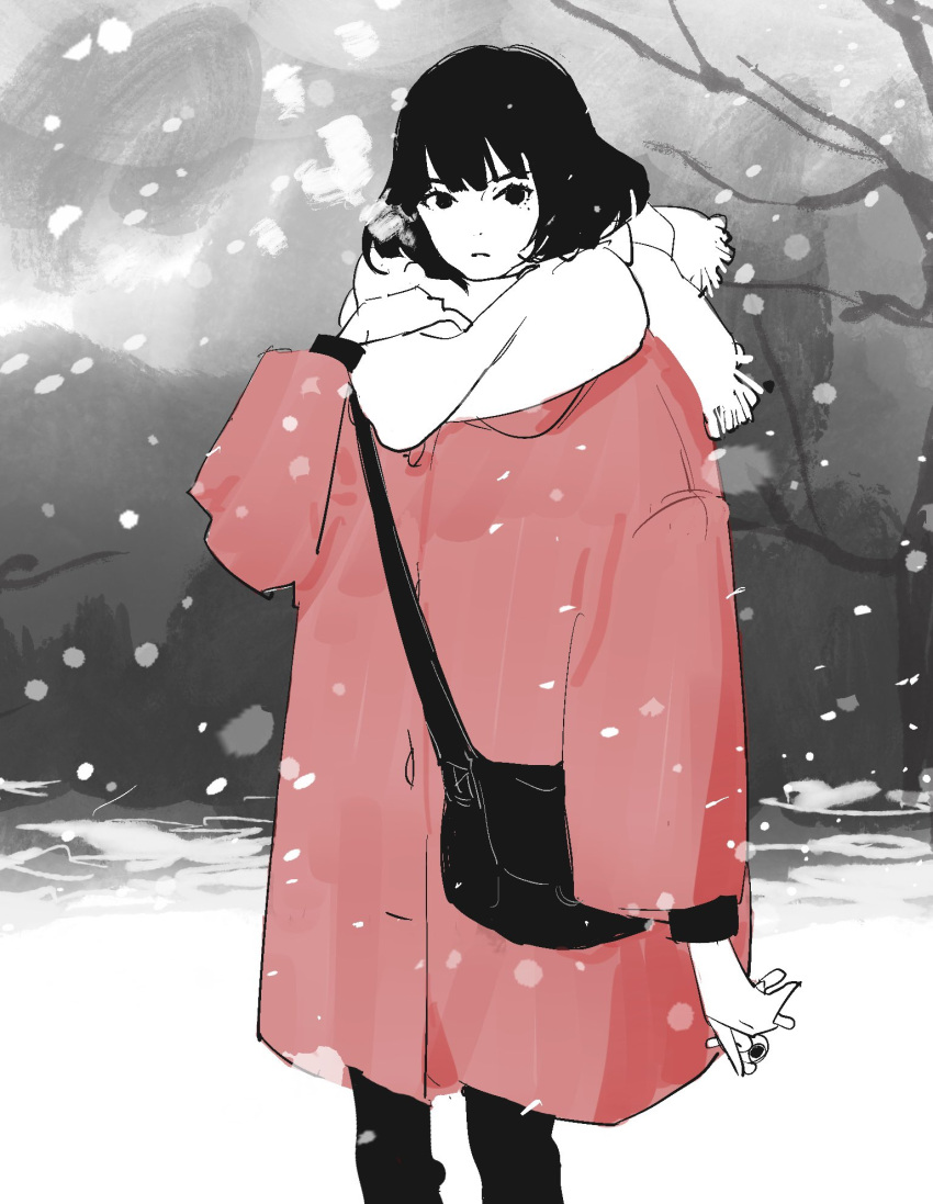 1girl, akashi_(yojouhan), bag, bare_tree, breath, closed_mouth, coat, commentary_request