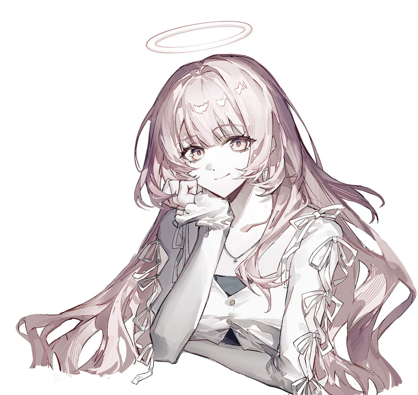 1girl, alternate_costume, arknights, bochishiraita, closed_mouth, halo, hand_on_own_cheek, hand_on_own_face