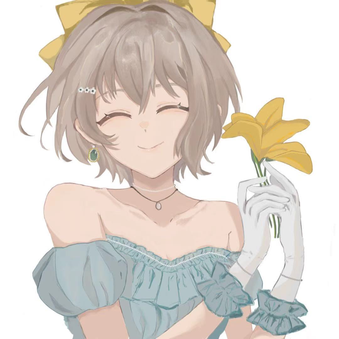 1girl, aoba_moca, bang_dream!, bang_dream!_girls_band_party!, bare_shoulders, blue_dress, bow, closed_eyes, closed_mouth, collarbone, commentary, crreamer, detached_sleeves, dress, earrings, facing_viewer, flower, gloves, grey_hair, hair_bow, hair_intakes, hair_ornament, hairclip, holding, holding_flower, jewelry, necklace, official_alternate_costume, short_hair, simple_background, smile, solo, strapless, strapless_dress, untranslatable_commentary, upper_body, white_background, white_gloves, wrist_cuffs, yellow_bow