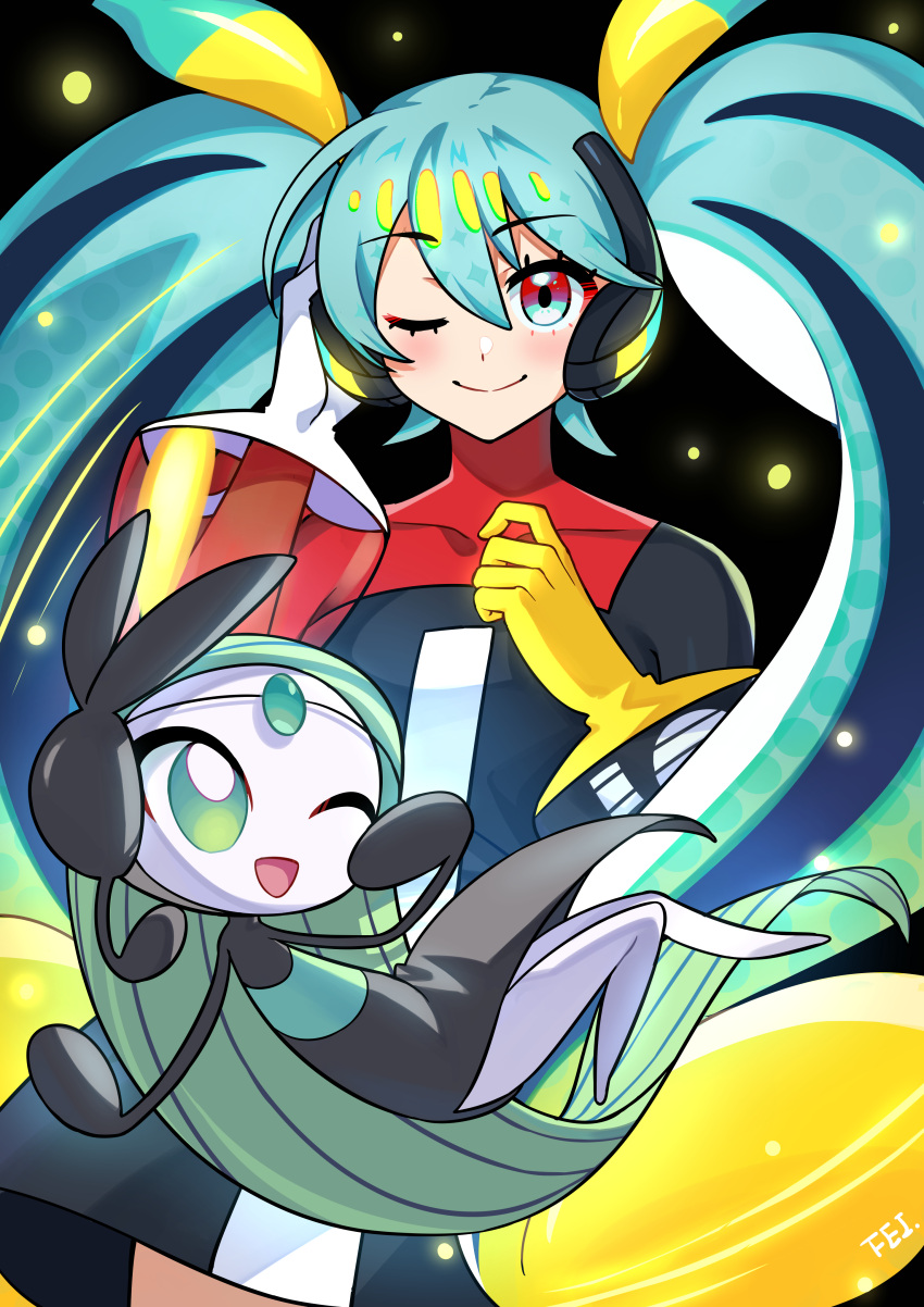 2girls, absurdres, aqua_eyes, aqua_hair, black_background, black_dress, black_thighhighs, blonde_hair, blue_thighhighs, blush, closed_mouth, commentary_request, dress, feiken_631, gradient_hair, green_hair, hair_between_eyes, hair_ornament, hatsune_miku, headset, highres, holding, holding_microphone, long_hair, looking_at_another, looking_at_viewer, meloetta, meloetta_(aria), microphone, miku_day, multicolored_hair, multiple_girls, one_eye_closed, poke_ball_theme, pokemon, pokemon_(creature), project_voltage, simple_background, smile, thigh-highs, twintails, very_long_hair, vocaloid