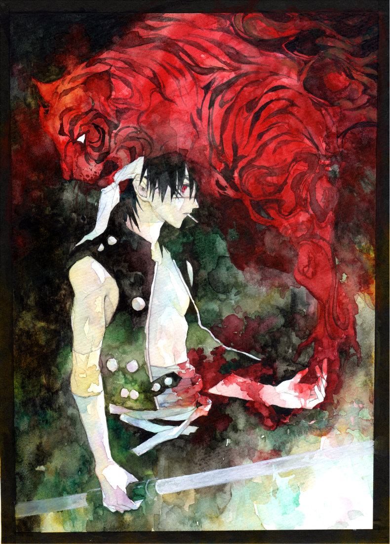 1boy, bandaged_torso, black_hair, cigarette, commentary_request, headband, holding, holding_weapon