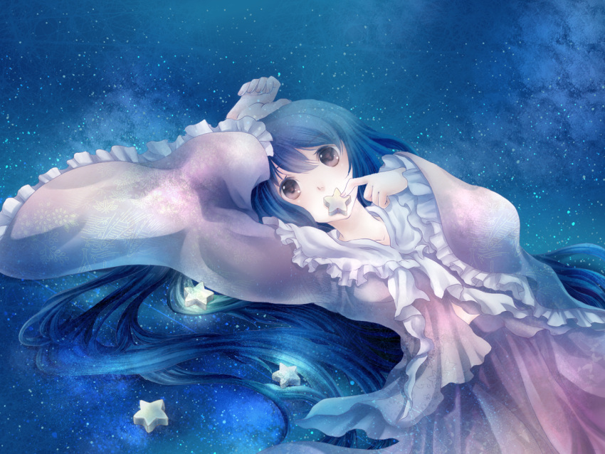 black_hair, blush, brown_eyes, dress, frills, highres, houraisan_kaguya, long_hair