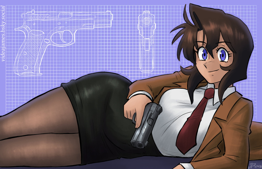 1girl, absurdres, black_skirt, blazer, bluesky_username, breasts, brown_hair, brown_jacket