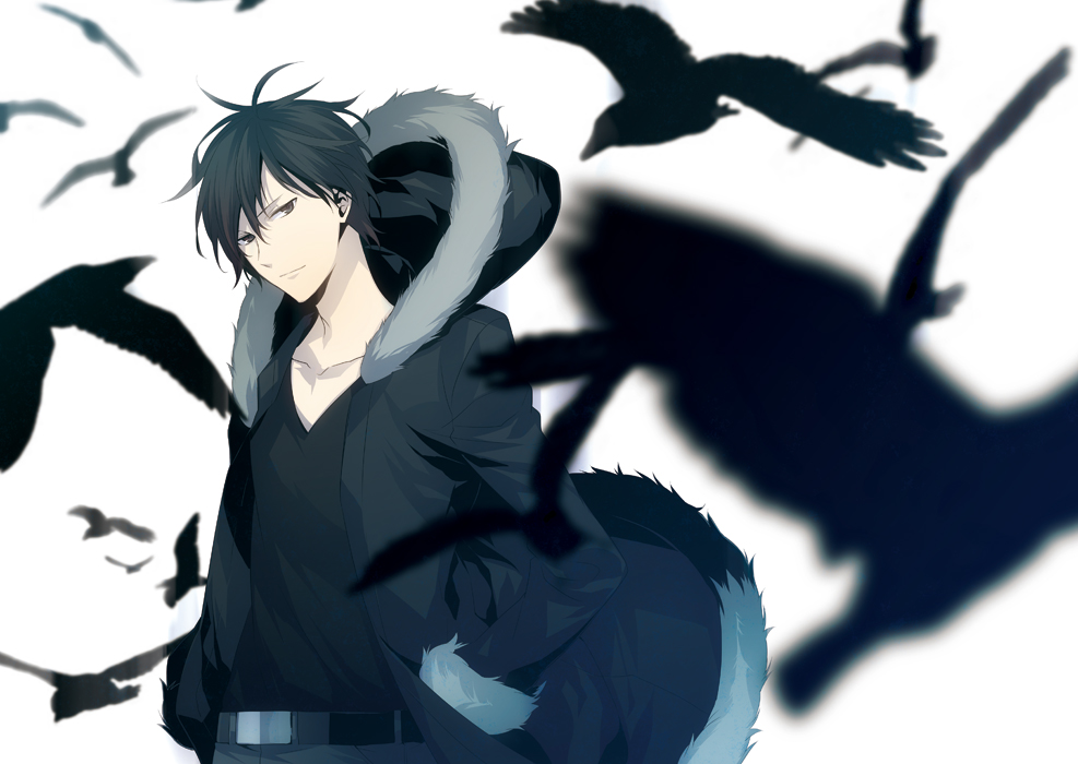 bird, black_eyes, black_hair, blurry, collarbone, depth_of_field, durarara!!, hand_in_pocket