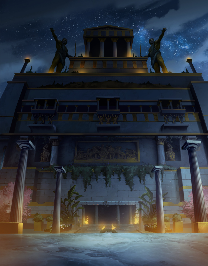 absurdres, architecture, brick_wall, building, carving, clouds, commentary, crimsonsword03, doorway, english_commentary, fire, greco-roman_architecture, highres, marble_(stone), night, no_humans, original, outdoors, painterly, pillar, plant, potted_plant, scenery, sky, star_(sky), starry_sky, statue, temple, vines