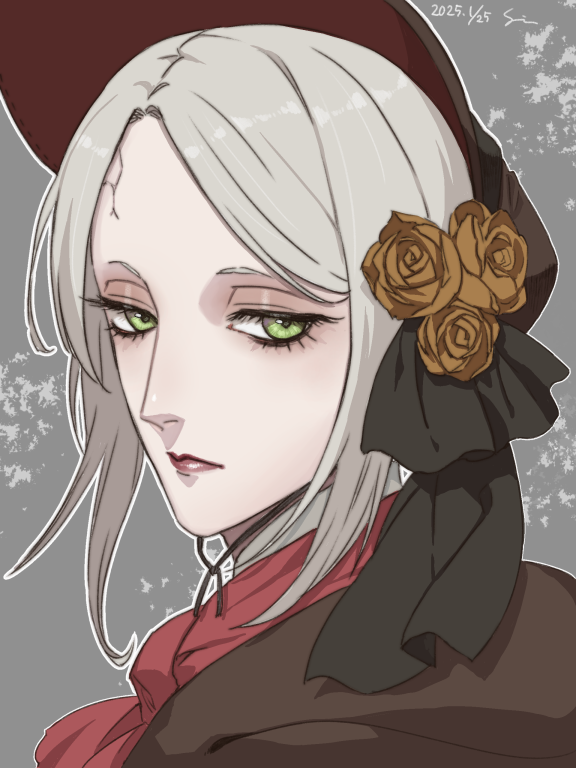 1girl, anniversary, ascot, bloodborne, bonnet, cloak, closed_mouth, commentary_request