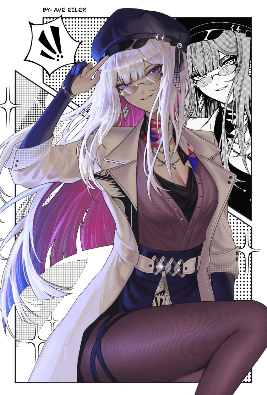 1girl, ave_eiler_(eilerchan), black_hat, black_pantyhose, coat, colored_inner_hair, commentary, glasses