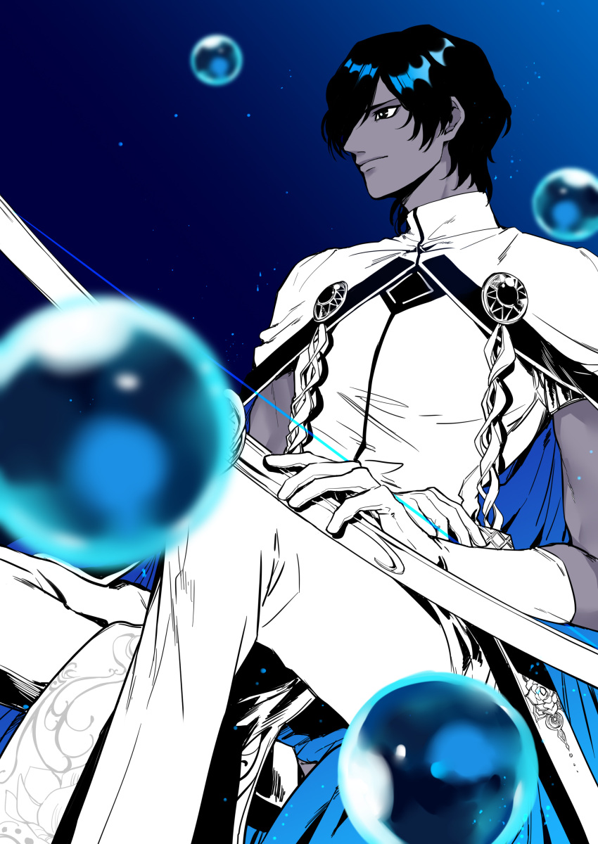 1boy, absurdres, agni_gandiva, arjuna_(fate), arjuna_(third_ascension)_(fate), black_eyes, black_hair, blue_cape