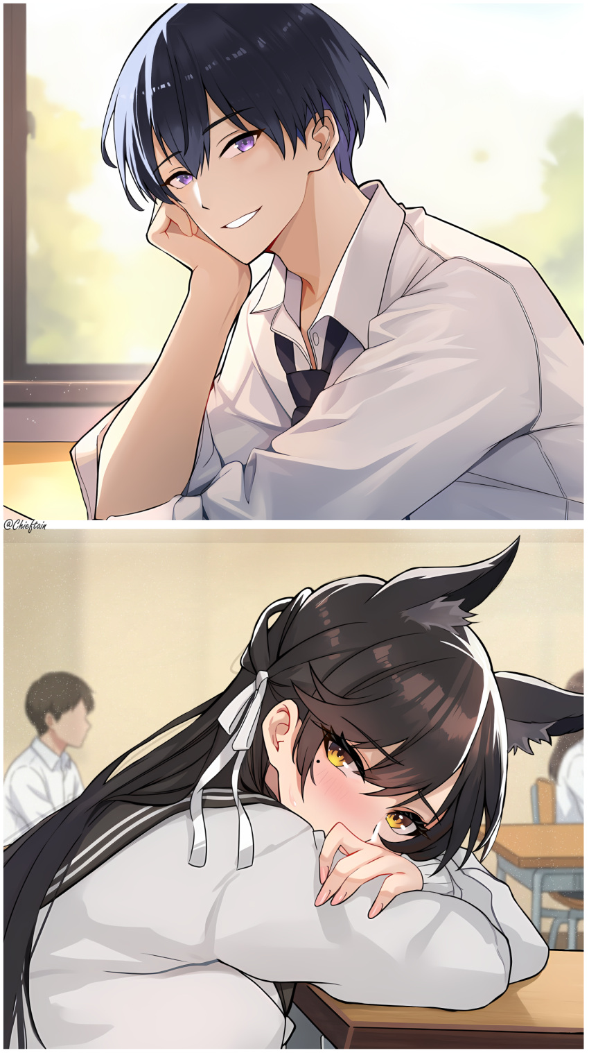 1boy, 1girl, absurdres, animal_ear_fluff, animal_ears, atago_(azur_lane), atago_(school_traumerei)_(azur_lane), azur_lane