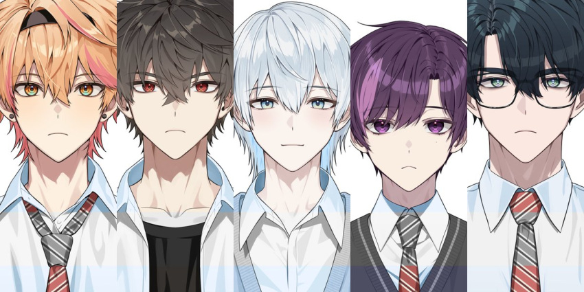 5boys, black_hair, black_shirt, blonde_hair, blue_cardigan, blue_eyes, blue_hair, cardigan