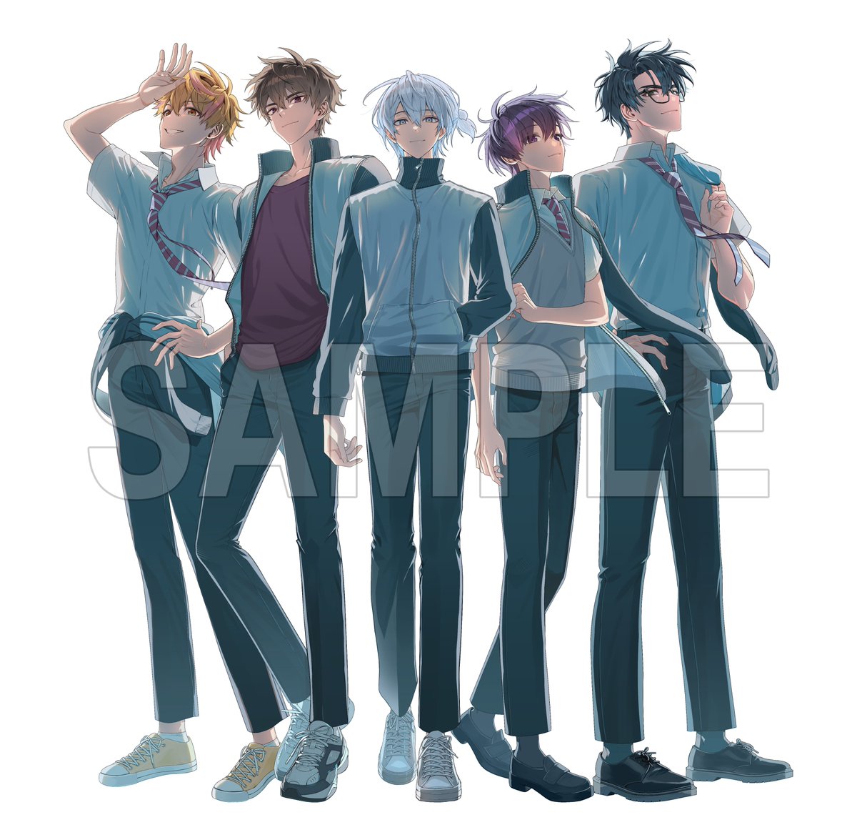 5boys, arm_up, black_hair, black_pants, blonde_hair, blue_eyes, blue_jacket, brown_eyes